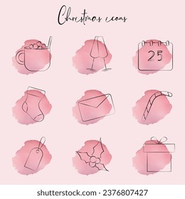 Elegant vector set of Christmas linear icons on watercolor pink background.
