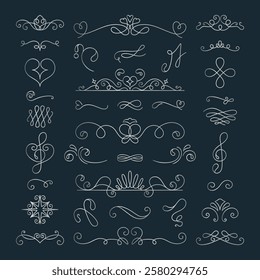 Elegant vector set of decorative flourishes and swirls. Includes various ornamental designs, flourishes, and swirls for creative projects and embellishments. Hand drawn ornament vector set.