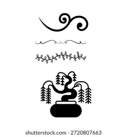 Vetor elegante conjunto com floreios decorativos, um divisor de linha de montanha minimalista, e um bonsai árvore estilizado em um pote, combinando elementos de design oriental zen e clássico.