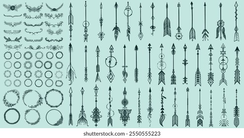 "Elegantes Vektorset mit Kränzen und Pfeilen, perfekt für Logos, Einladungen und dekorative Designs. Hochwertig und vollständig anpassbar."
