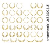 Elegant vector set of golden laurel wreaths in various classic and modern styles. Perfect for award certificates, victory badges, emblems, premium logos, and celebratory designs.