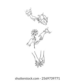 Elegant vector set of hand drawn hands, love geastures, rose, Valentine day, doodle in black and white, hand drawn.