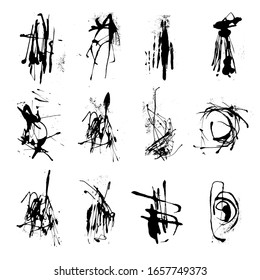 Elegante Vektorillustration Set von Tinte Splash Blässe Splatter Kollektion. Grunge-Design-Element, kunsthistorischer Hintergrund. Hochwertige handgezeichnete Vektorillustration-Illustration. Flüssige Formspatter, schwarz-weiße Silhouette
