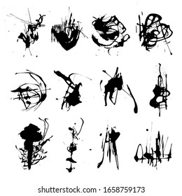 Elegant vector set of ink splashes blots splatter collection. Grunge design element, art messy backdrop. High quality manually traced vector illustration. Liquid shape spatter black white silhouette