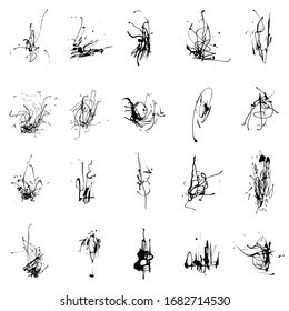 Elegant vector set of ink splashes blots splatter collection. Grunge design element, art messy backdrop. High quality manually traced vector illustration. Liquid shape spatter black white silhouette