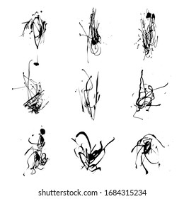 Elegant vector set of ink splashes.  Blot and splatter collection. Grunge design element, art messy backdrop. High quality manually traced vector illustration. Liquid shape spatter black white silhouette