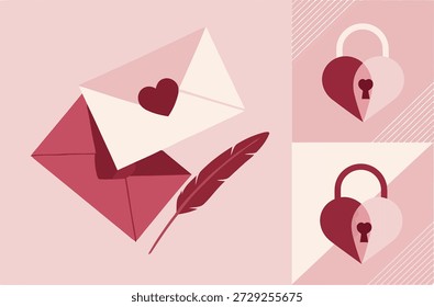 Elegant Vector Set of Love Letter and Heart Padlock Illustrations – Perfect for Valentine's Day, Romantic Correspondence, and Secret Admiration Concepts