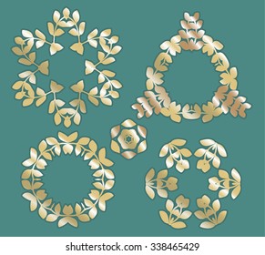 Elegant vector set of ornamental circular shape. Gold texture on dark background.