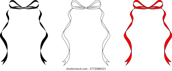 Elegant vector set of ribbon bow frames and borders in black, outline, and red styles for framing text