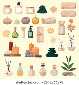 Elegant vector set of spa and wellness elements including candles, towels, essential oils, stones, and flowers. Ideal for self-care, relaxation, beauty, and aromatherapy designs.