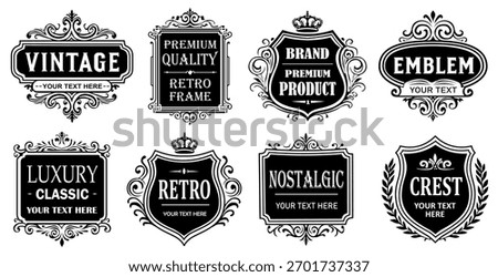 Elegant vector set of vintage labels and badges in black and white style, featuring ornate frames, royal crests, decorative flourishes, and retro typography for luxury branding and classic design 