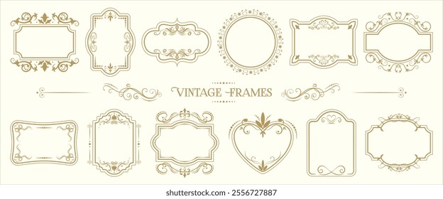 Elegant vector set of vintage text frames in gold on a cream background. Perfect for invitations, greeting cards, wedding designs, menus, and branding. Classic ornamental style with decorative swirls.
