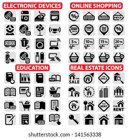 Elegant Vector Shopping, Education, Real Estate And Electronics Device Icons Set.