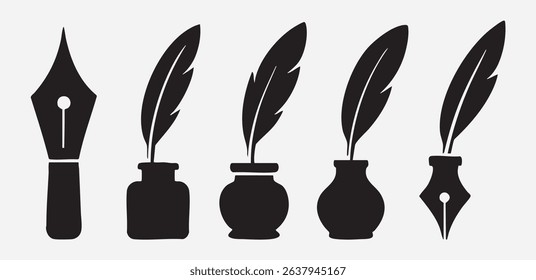 Elegant Vector Silhouette Set of Feather Quills and Inkwells for Calligraphy and Writing Design Projects Old Style Stationery