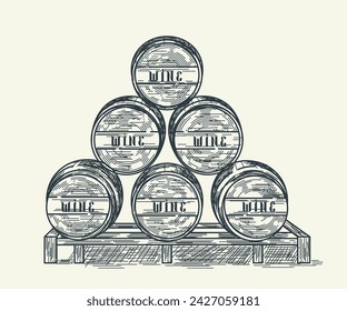 Elegante boceto vectorial con seis barriles de vino. Esta ilustración captura el encanto rústico de la elaboración de vinos, mostrando trazos detallados de lápiz para una estética clásica y atemporal