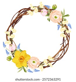 Elegant vector spring floral wreath featuring daffodils, muscari, sweet peas, ranunculus, and rosebuds with a natural twig frame. Perfect for seasonal designs, invitations, and decorations.