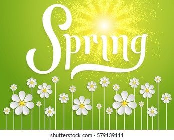 Elegant vector spring invitation card.  Vector invitation card with green background and flower elements with beautiful spring typography. Sunny spring backdrop. 
