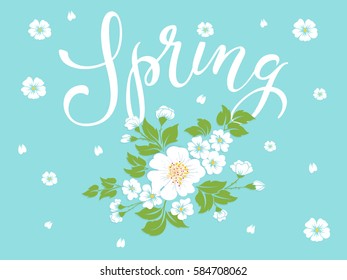 Elegant vector spring invitation card.  Vector invitation card with green background and flower elements with beautiful spring typography. Sunny spring backdrop. 