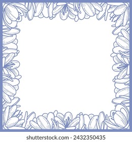 Elegant vector square frame with spring flowers. Crocuses and cherry blossoms. Monochrome grey-blue palette. It is suitable for greetings, invitations, postcards and others
