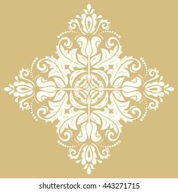 Elegant vector square ornament in the style of barogue. Abstract traditional pattern with oriental elements. Golden and white pattern