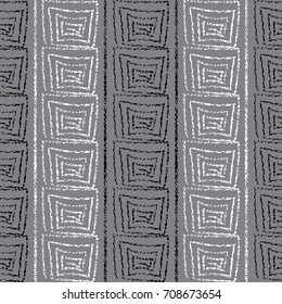Elegant vector striped seamless meander border. Repeating geometric pattern. Abstract   grey background with vertical grunge black white stripes, chalk lines, figures, shapes,  greek key ornaments