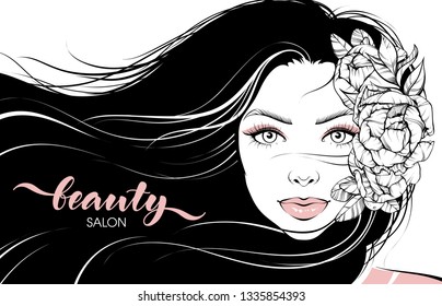 Elegant vector template beauty salon with girl illustration and lettering. Beautiful woman with flowers and long hair. Nativ natural beauty, cosmetics label
