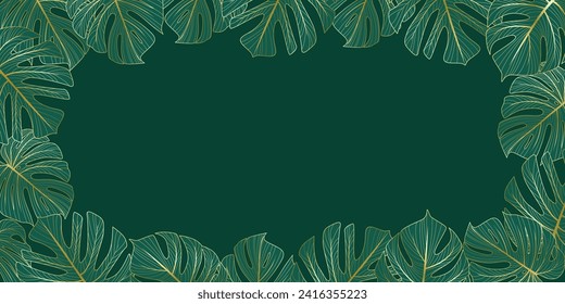 Elegante plantilla vectorial con lugar para el texto con bordes abstractos dorados de hojas monstruosas, para invitaciones, certificados de regalo, diseño de bodas, belleza.