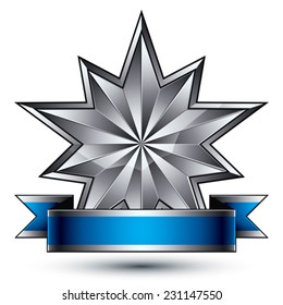 Elegant vector template with polygonal silver star symbol, best for use in web and graphic design. Conceptual heraldic icon with wonderful smooth strip, clear eps8 vector.