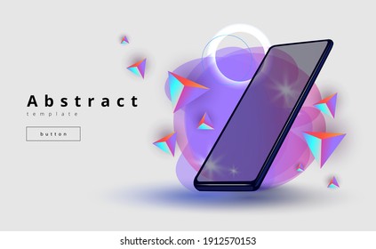 elegant vector template for site with mobile phone, gray background and different geometry neon shapes
