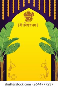 Elegante modelo vetorial para um tradicional cartão de convite de casamento marata com folhas de banana, shehnai, guirlandas de marigold e Lord Ganesh.