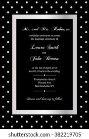 elegant vector template of wedding invitation in traditional classic style, decorated with silver dots and frame