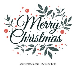 Elegante texto vetorial Feliz Natal cercado por folhagem festiva e frutos vermelhos. Esta ilustração vetorial minimalista e limpa é perfeita para cartões de férias, banners, cartazes e saudações digitais.