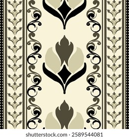 Elegant vector textile design featuring a classic floral and ornamental pattern in neutral tones. The intricate details and flowing motifs create a timeless, sophisticated look, perfect for fabric and