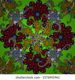 Elegant vector texture with floral elements. Abstract seamless pattern on blue, black and green colors with bright flowers. Cute floral pattern in the small flower.
