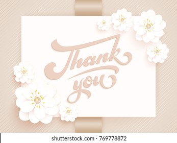 Elegant vector Thank you. Vector invitation card with background and frame with flower elements and beautiful typography. Sunny spring backdrop. Artistic lettering.