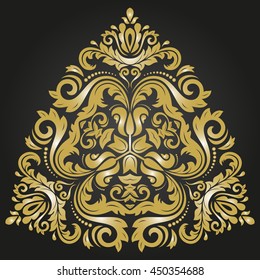 Elegant vector triangular ornament in the style of barogue. Abstract traditional pattern with oriental elements. Black and golden pattern