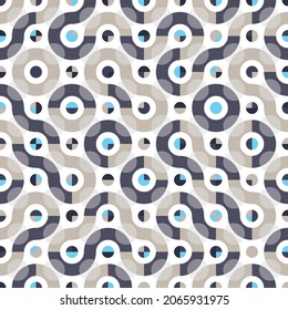 Elegant vector Truchet seamless pattern. Geometric background with random tiled wavy shapes, circles and semicircles. Modern illustration for prints, home decor, fashion fabric and carpet design.