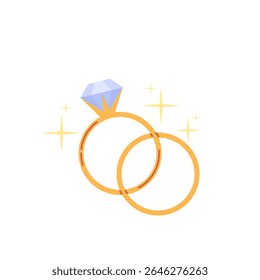 Vetor elegante de dois anéis de casamento dourados ilustração Desenho de um anel com grande diamante brilhante e outra banda de ouro simples. Símbolo de amor, união e compromisso, ideal para o farelo de casamento de luxo