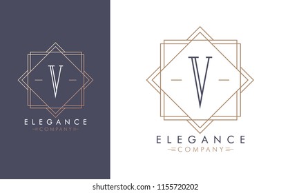 Elegant vector V logo in two color variations. Art Deco style logotype design for luxury company branding. Premium identity design in blue and gold.