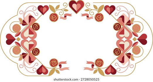 Elegante vetor design de fronteira do dia dos namorados com corações ornamentados, rosas delicadas e fitas de rolagem, perfeito para convites românticos e cartões festivos