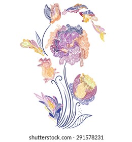 Elegant Vector Vignette with Sketch Flowers | Romantic print in contrast blue, purple, orange and yellow colors for fashion design. Doodle outline floral ornament