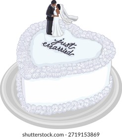 Elegante Vektorgrafik der Hochzeitstorte mit schwarzem Braut- und Bräutigam-Oberteil und "Just Married"-Text. Romantisches Dessertdesign für Hochzeiten, Einladungen, Grußkarten, Liebesprojekte.