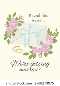 Elegant vector wedding card on cream background with Reveal this secret Were getting married text. Features a beige envelope with a blue bow, golden rings, and a rose bouquet.