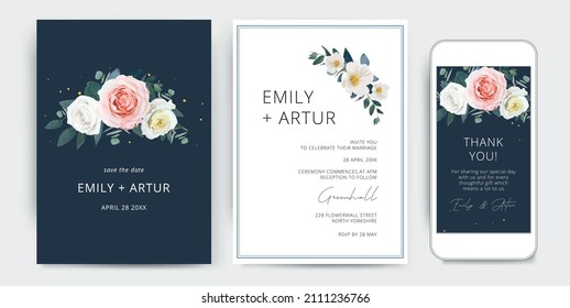 Elegant vector wedding e-invite, party invitation, save the date, thank you digital template. Delicate blush pink, yellow, white rose flowers, camellia, emerald green eucalyptus leaves bouquet on navy