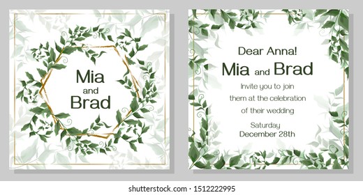 Elegant vector wedding invitation. Beautiful green leaves.