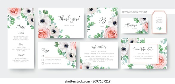 Elegante juego de tarjetas de papel para bodas vectoriales. Menú, rsvp, gracias, detalles, diseño de plantilla modificable de etiquetas. Flor rosa rosa de color rosa, anémona de marfil, hojas verdes de eucalipto acuarela ilustración floral