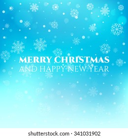 Elegant vector winter  background with snowflakes. Falling defocused snow on blue background. Abstract Christmas illustration for postcard, newsletter, web design, greeting card or invitation.