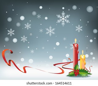 Elegant vector winter Christmas background with snowflakes, decoration, ribbon and candles