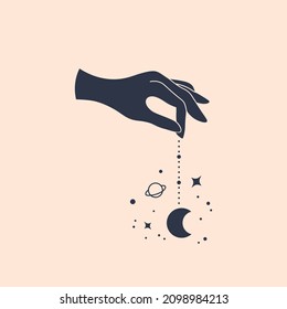 Elegant vector witch hands and crescent moon and stars. Mystical monochrome vector illustration. Use for boho wall art design, poster, greeting card, ethnic fabric print. Aztec style tribal art.