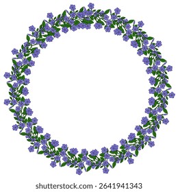 Elegant vector wreath design featuring a circular arrangement of delicate periwinkle flowers and green leaves, perfect for invitations, cards, or decorative elements.